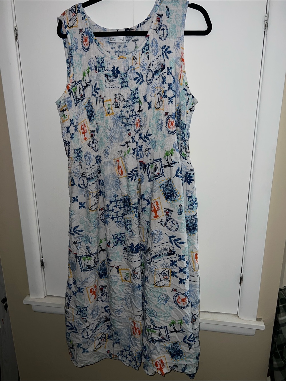croft & barrow Sleeveless Maxi Dress in Blue, White & Orange Print